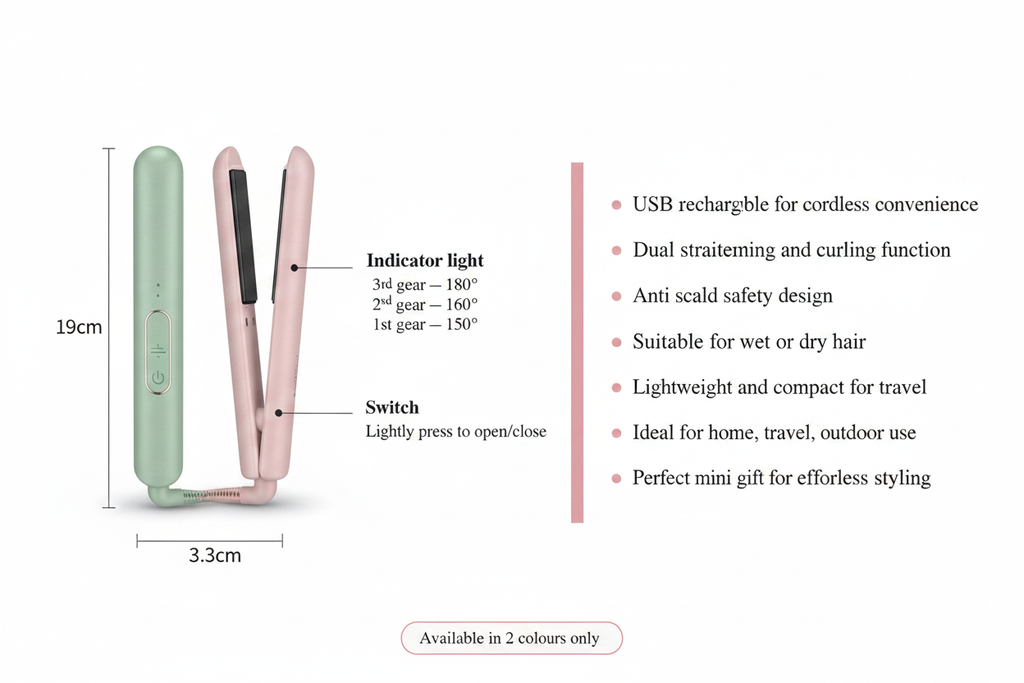BLUSHVELA  Portable Mini Hair Straightener | USB Rechargeable Cordless Straightener & Curler