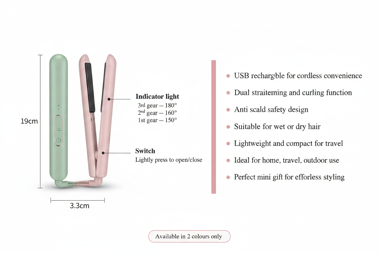 BLUSHVELA  Portable Mini Hair Straightener | USB Rechargeable Cordless Straightener & Curler