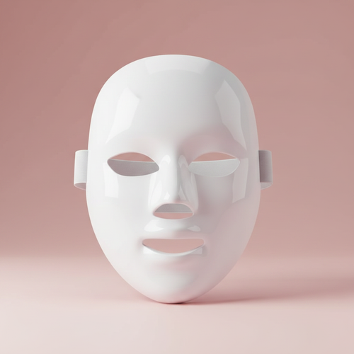 BLUSHVELA 7-Color LED Facial Mask with elastic band on soft blush pink background - hero product shot