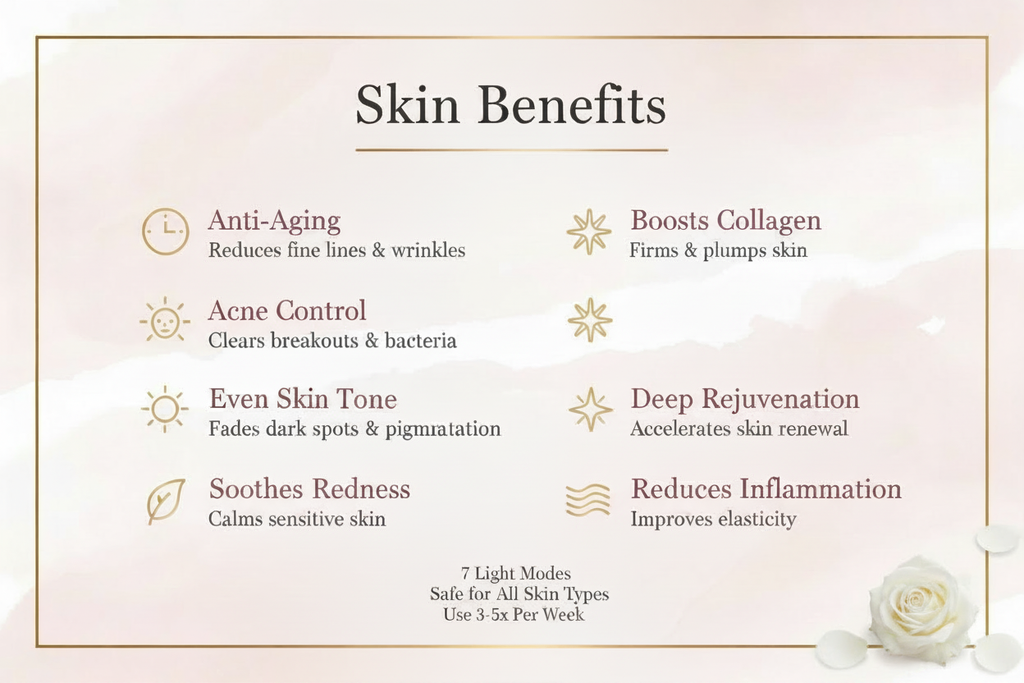 BLUSHVELA LED Beauty Mask - Skin Benefits slide showing anti-aging, acne control, even skin tone, soothes redness, boosts collagen, deep rejuvenation and reduces inflammation with white rose accent
