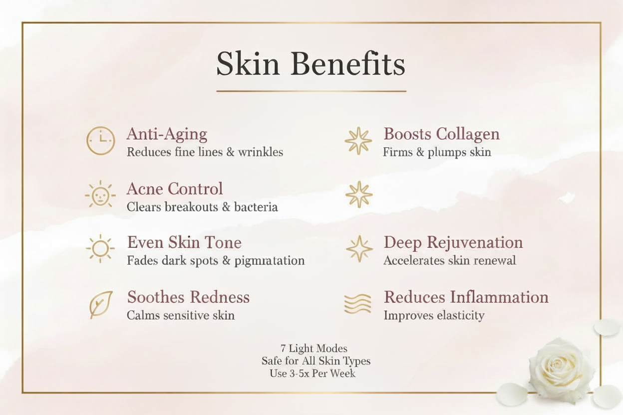 BLUSHVELA LED Beauty Mask - Skin Benefits slide showing anti-aging, acne control, even skin tone, soothes redness, boosts collagen, deep rejuvenation and reduces inflammation with white rose accent